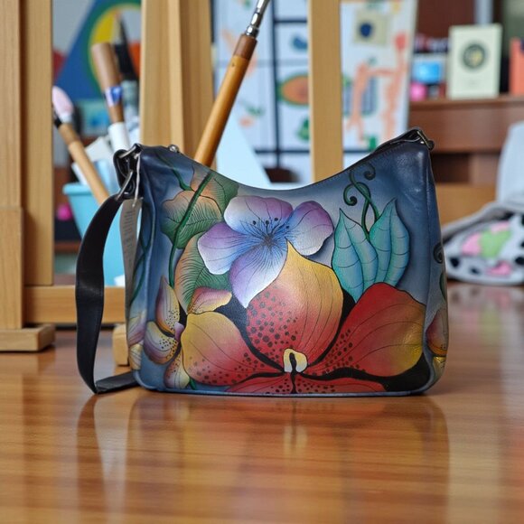 Anuschka by Anna 8310-MFL Handpainted Leather Crossbody Hobo Bag Floral NWT - Picture 1 of 16